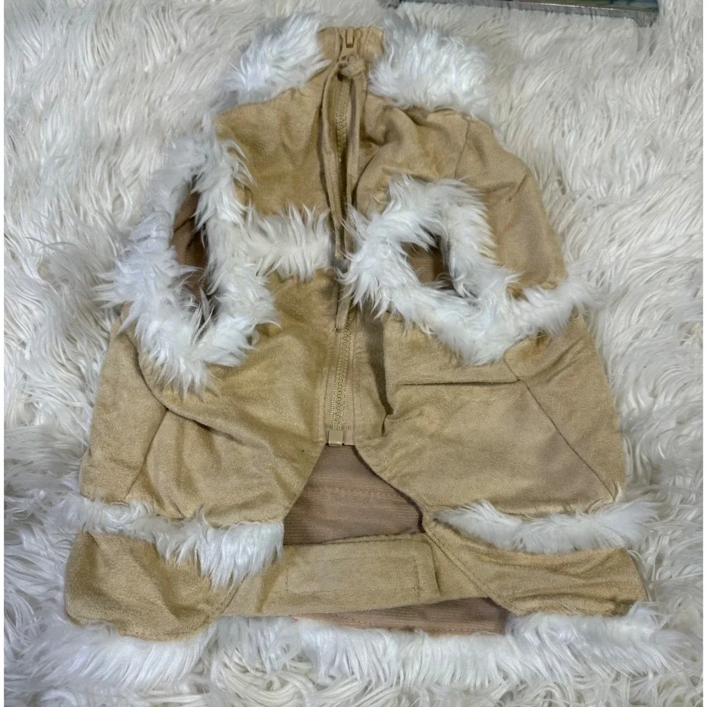 Tan Faux Suede and White Faux Fur Pet Vest Small Dog Cat Winter Coat